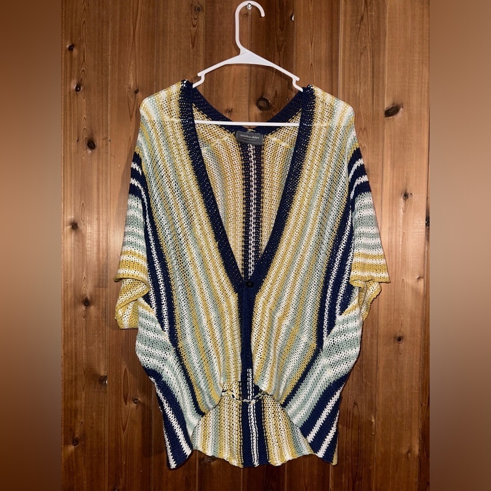 Wooden Ships Short Sleeved Striped Multicolor Open-Front Sweater Size S/M
